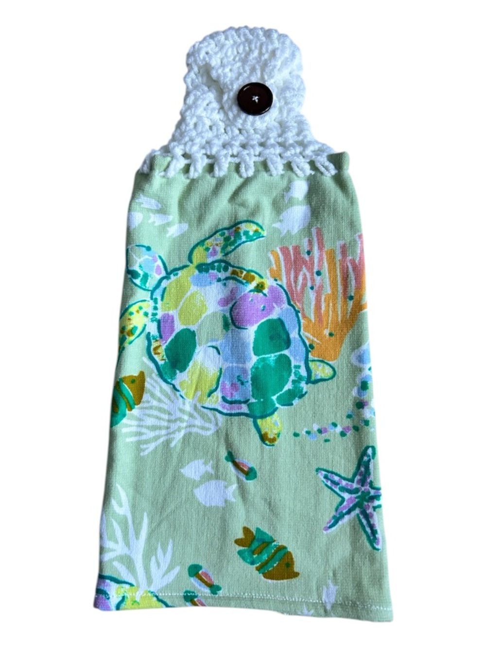 Hand Crafted Colorful Rainbow Turtle Print Hanging Hand Towel Crochet Top